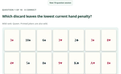 Rummy Discard Practice playing interface