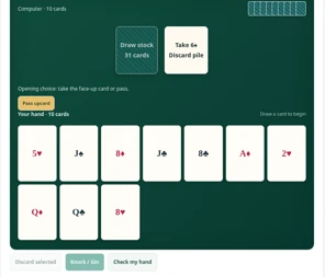 Gin Rummy playing interface