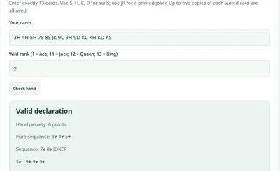 Rummy Hand Checker playing interface