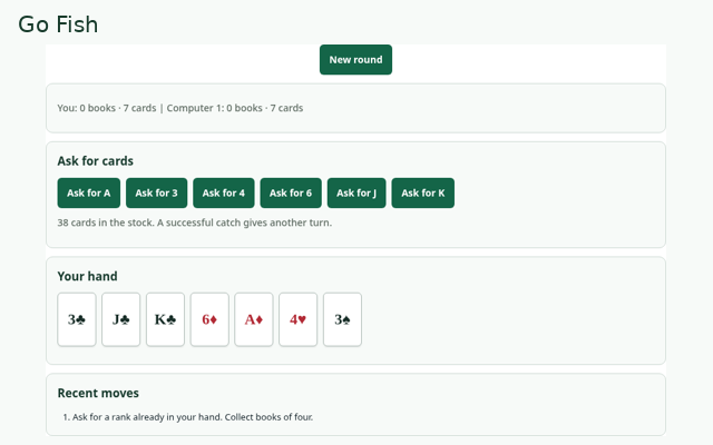 Go Fish playing interface